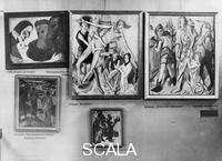 ******** Exhibition of 'degenerate art' (entartete Kunst) at the Hofgarten gallery in Munich (opened on July 19th, 1937). Above and below, left to right, following works to be seen: Christ and the Sinner by Emil Nolde; Deposition, and Christ and the adulterous Womano by Max Beckmann; The Temptation of St. Anthony by Thalheimer; The Three Kings by Emil Nolde