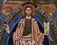 ******** Christ Pantocrator, altarpiece from Ribes Valley, workshop of La Seo d'Urgell, 12th century, tempera on panel. Catalan Romanesque art. Detail.