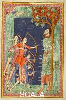 ******** M. 736, Life, Passion, and Miracles of St. Edmund, King and Martyr, f.14: Saint Edmund pierced by Arrows Shot by Six Danes. England (Bury St. Edmund's), c. 1130.