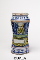 Masseot, Abaquesne (doc. 1526-Before 1564) Drug jar made in imitation of an Italian 'albarello', with a bearded mask and a scroll intended for a drug name. Rouen, France, ca. 1544-1550. Workshop of Masseot Abaquesne (around 1500-before 1564), French Renaissance ceramist