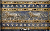 Assyro-Babylonian art A detail of the brick reliefs with proceeding lions from the Processional Way at Babylon, 6th century BCE