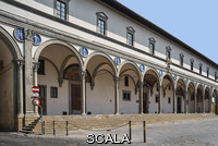 ******** View of the loggia (exterior gallery) designed by Filippo Brunelleschi (1420-27) and ceramic roundels with 'putti' (babies) by Andrea della Robbia (1490) after 2013-2017 restoration works