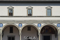 ******** Loggia (exterior gallery) designed by Filippo Brunelleschi (1420-27) and ceramic roundels with 'putti' (babies) by Andrea della Robbia (1490) - detail after 2013-2017 restoration works