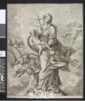 ******** The Virgin of the Immaculate Conception, standing on the globe, the crescent moon behind her, holding the Child who spears the serpent at her feet with his Cross, angels in the sky behind. Etching after Carlo Maratti (Maratta), 1675-1720