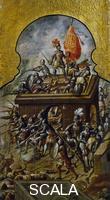 ******** The Spanish hoisting the flag on temples and palaces, detail of the folding screen with the Conquest of Mexico, by an unknown 17th century artist, oil on canvas, 213x550 cm. Central America, 16th century.
